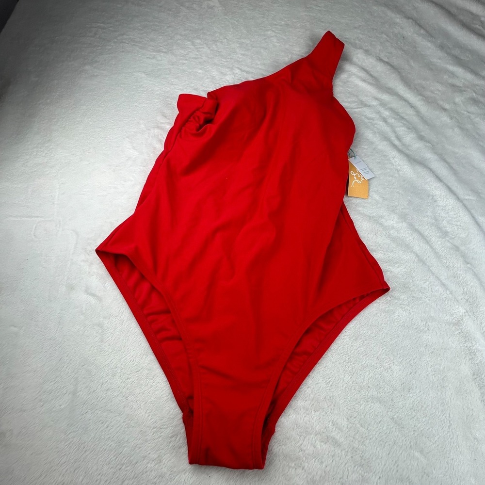 Kona Sol One Piece Swimsuit Womens Large(12-14) Red One Shoulder Tummy Control